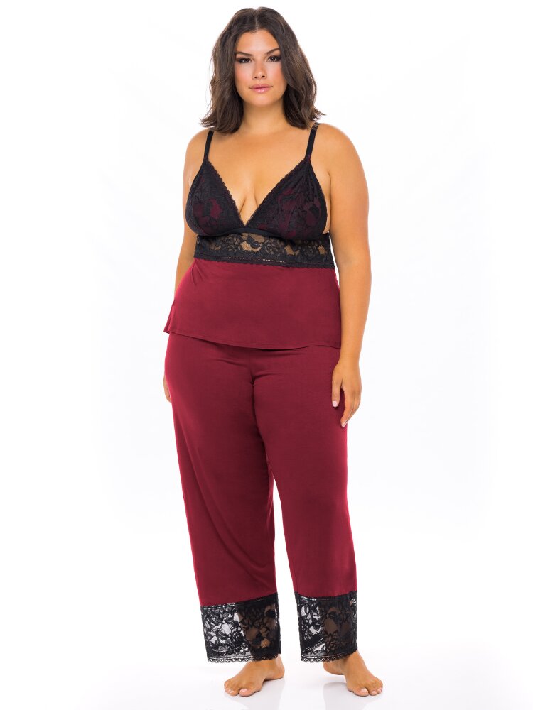 Plus size rhubarb red jersey knit and black lace camisole and pants pajama set. - Sensual Sinsations