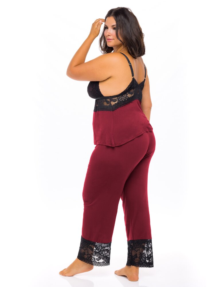 Plus size rhubarb red jersey knit and black lace camisole and pants pajama set. - Sensual Sinsations