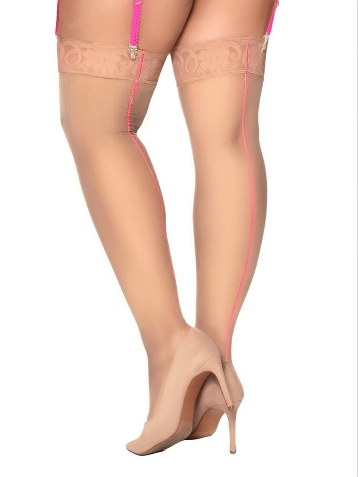 Plus size Stay up nude mesh thigh highs with floral lace top and silicone lining. - Sensual Sinsations