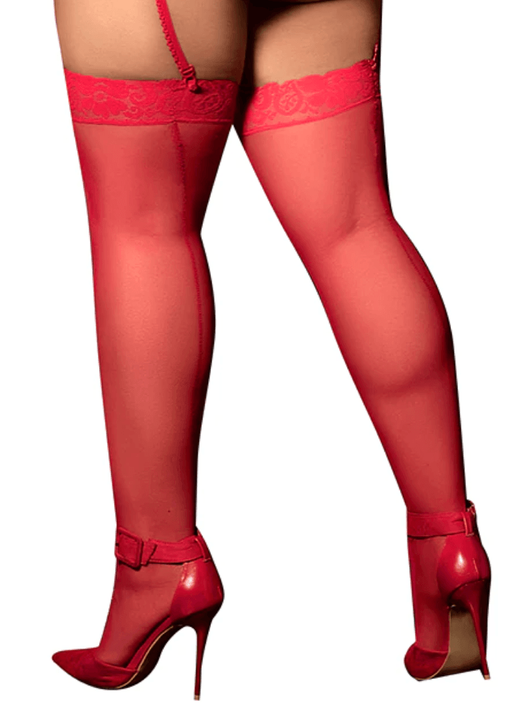  sheer plus-size red thigh-high stockings featuring a stay-up silicone lace top. - Sensual Sinsations