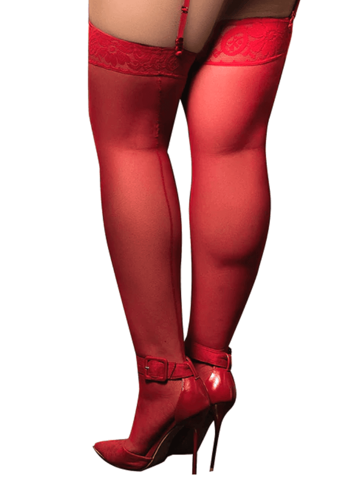  sheer plus-size red thigh-high stockings featuring a stay-up silicone lace top. - Sensual Sinsations