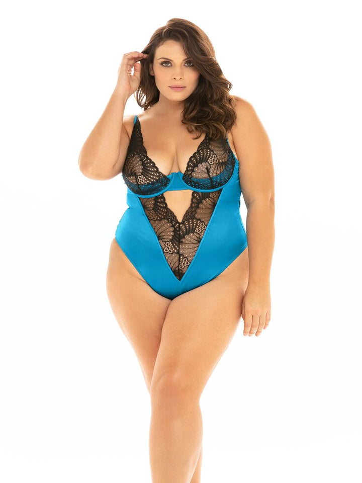 Plus size Mykonos blue stretch satin and lace underwire cup teddy. - Sensual Sinsations