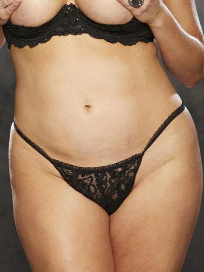 Plus size black embroidered lace and sequin crotchless thong panty. - Sensual Sinsations