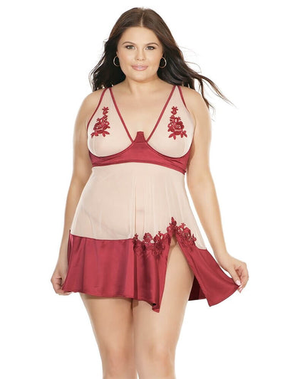 Plus size sheer nude and merlot satin babydoll set with g-string. -  Sensual Sinsations