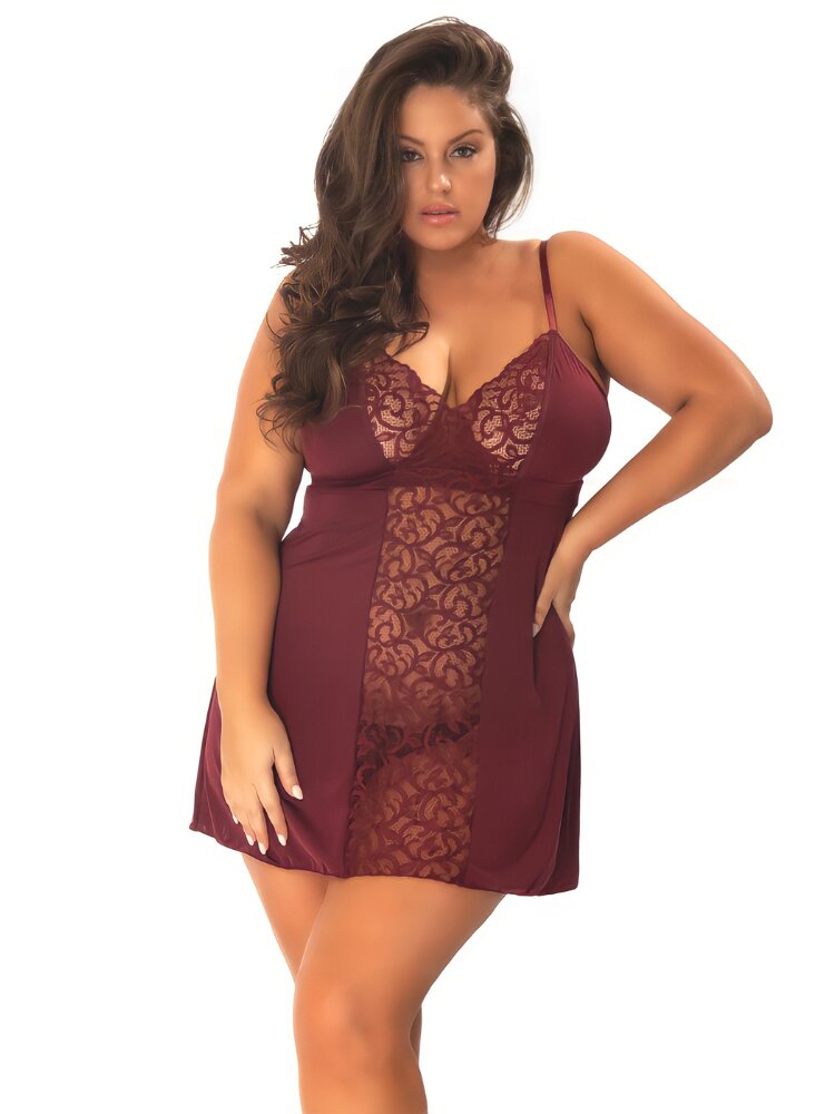 Plus size floral lace panel babydoll with g-string panty. - Sensual Sinsations