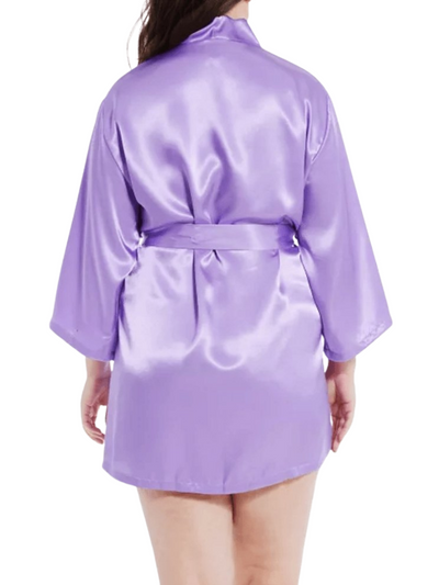 Plus Size Short Satin Lavender Robe Back - Sensual Sinsations