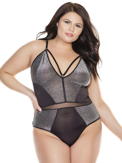 Plus Size Black and silver buttery soft microfiber teddy with  detachable thong bottom. - Sensual Sinsations