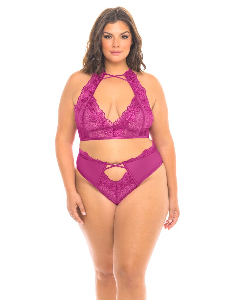 Plus Size High neck soft cup embroidered fuchsia bra with crossing elastic detail and matching high waist panty. - Sensual Sinsations