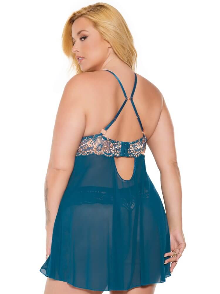 Plus size rose gold and teal babydoll and matching thong lingerie set. - Sensual Sinsations