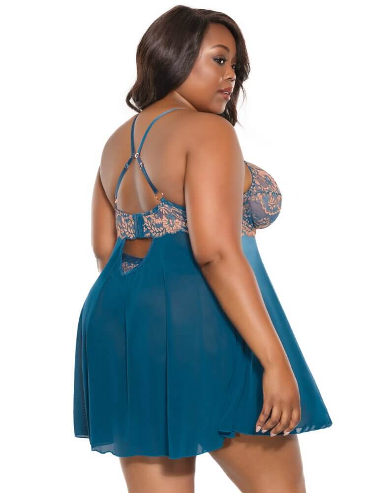 Plus size rose gold and teal babydoll and matching thong lingerie set. - Sensual Sinsations