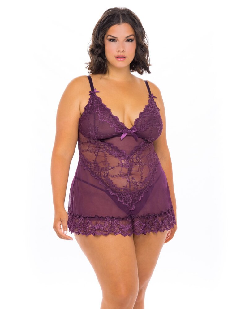 Plus size Italian Plum floral lace and sheer mesh babydoll with satin bows and g-string panty. - Sensual Sinsations