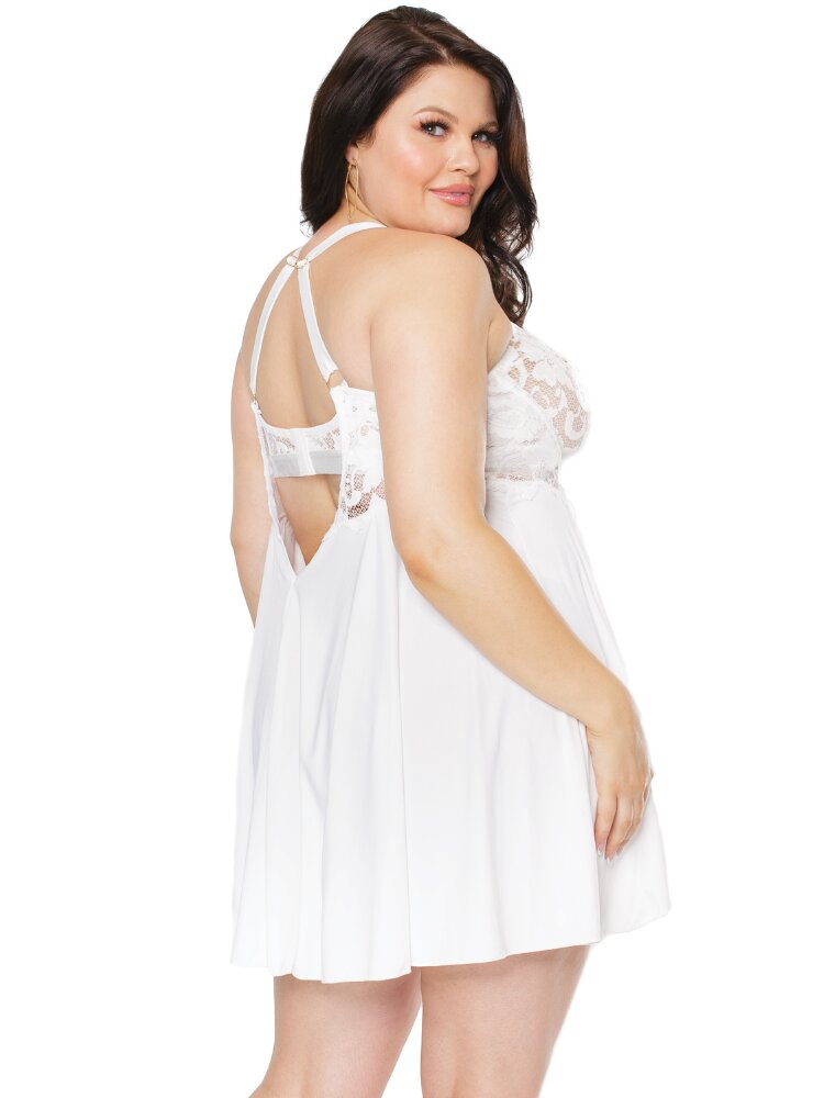 Plus size white lace underwire soft cup babydoll with slitted skirt and g-string panty. - Sensual Sinsations
