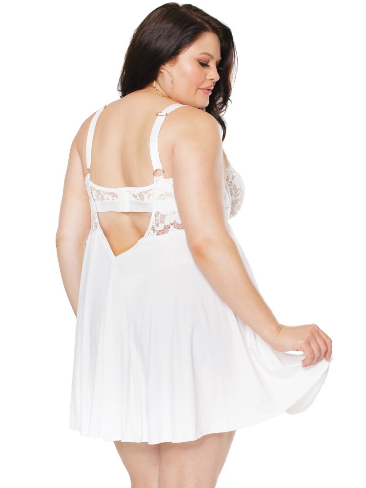 Plus size white lace underwire soft cup babydoll with slitted skirt and g-string panty. - Sensual Sinsations