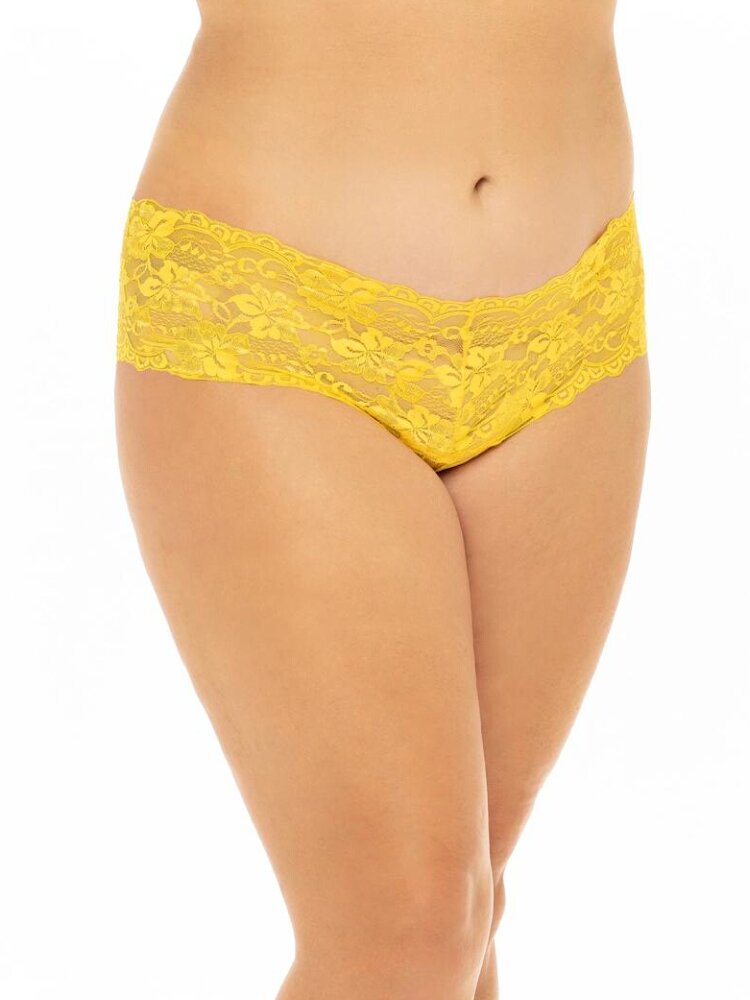 Plus size yellow lace crotchless boyshort with corset lace up back design. - Sensual Sinsations