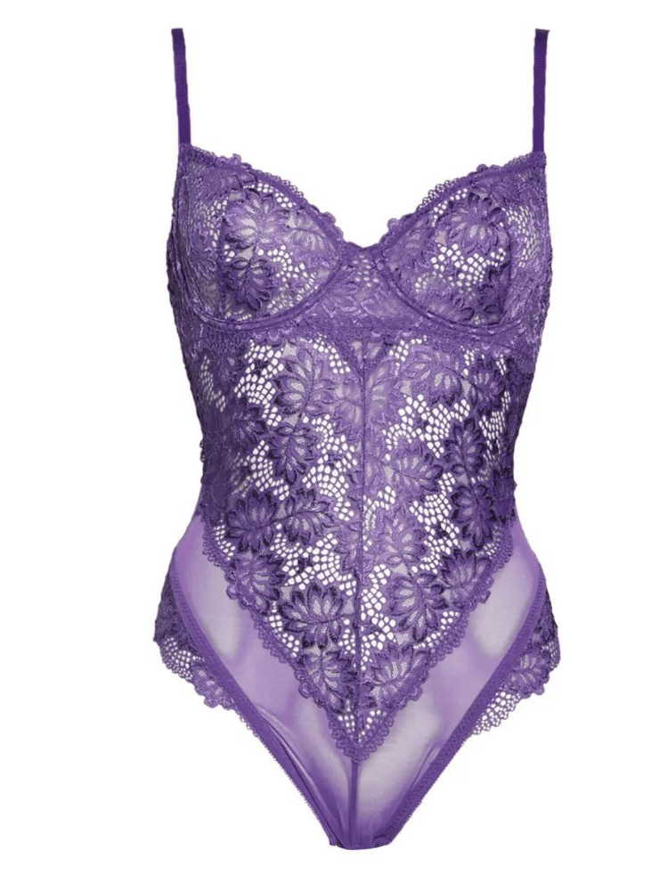 Tillandsia purple floral semi sheer lace soft cup  lingerie teddy. Sensual Sinsations