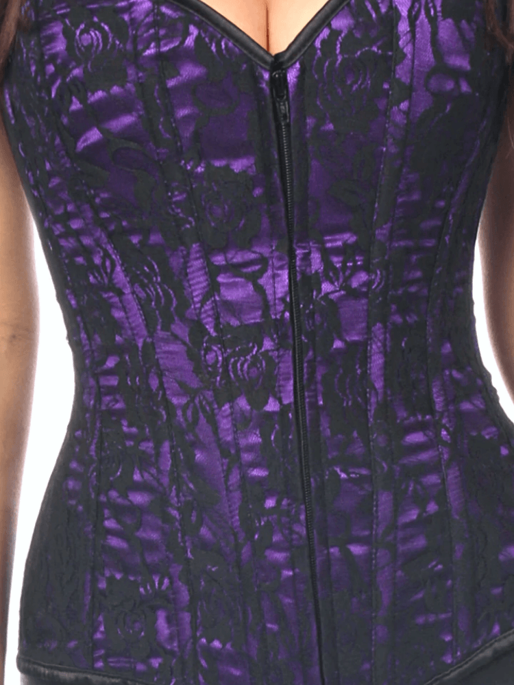 Black lace and purple satin over-the-bust corset with hidden front zipper. - Sensual Sinsations