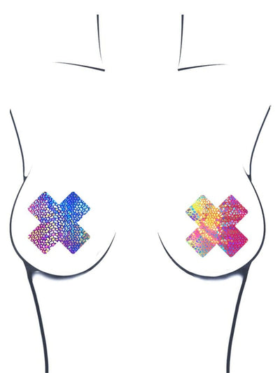 Blacklight holographic dino scale "X" nipple cover pasties. - Sensual Sinsations