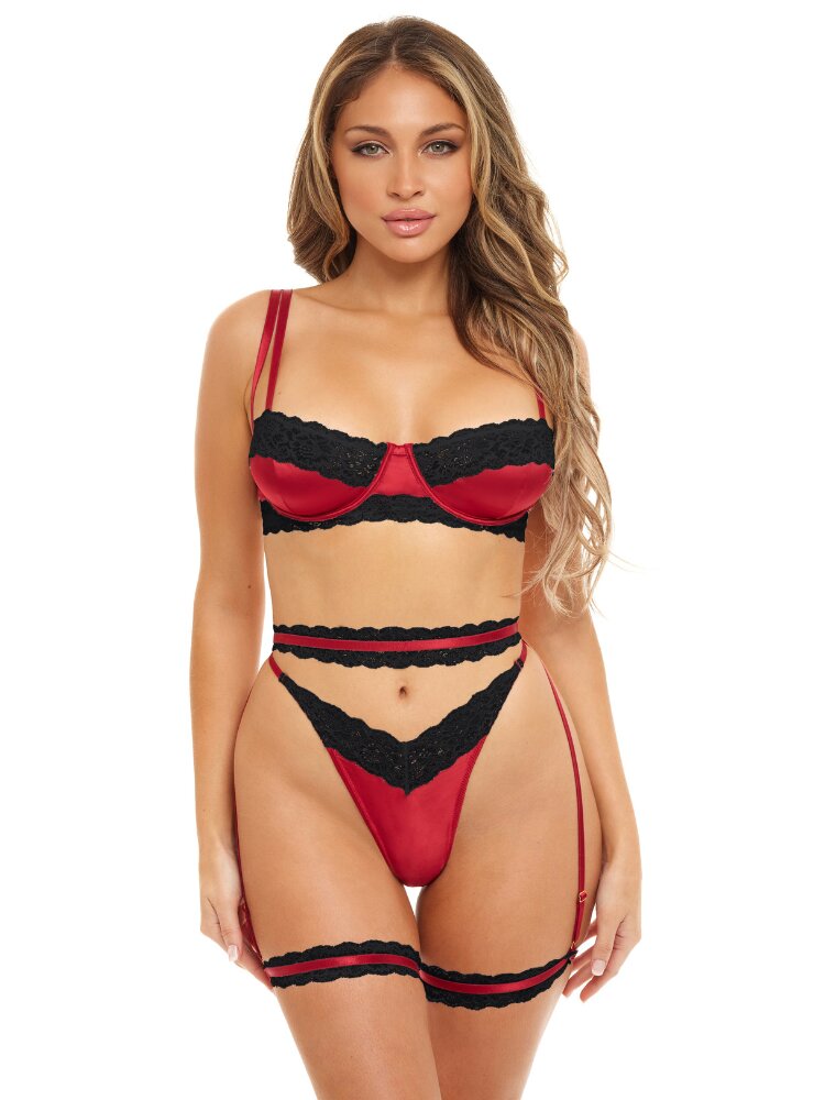 Red satin and black lace bran, panty and garter belt lingerie set. - Sensual Sinsations