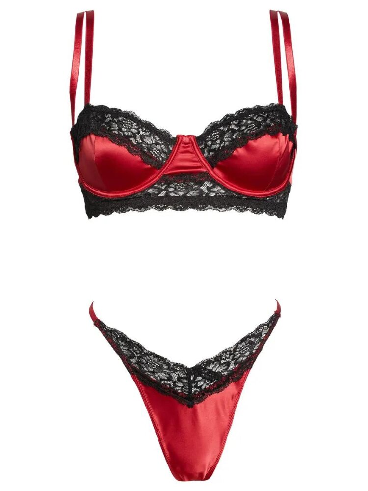 Red satin and black lace bran, panty and garter belt lingerie set. - Sensual Sinsations
