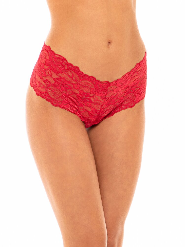 Red lace crotchless boyshort with corset lace up back design. - Sensual Sinsations