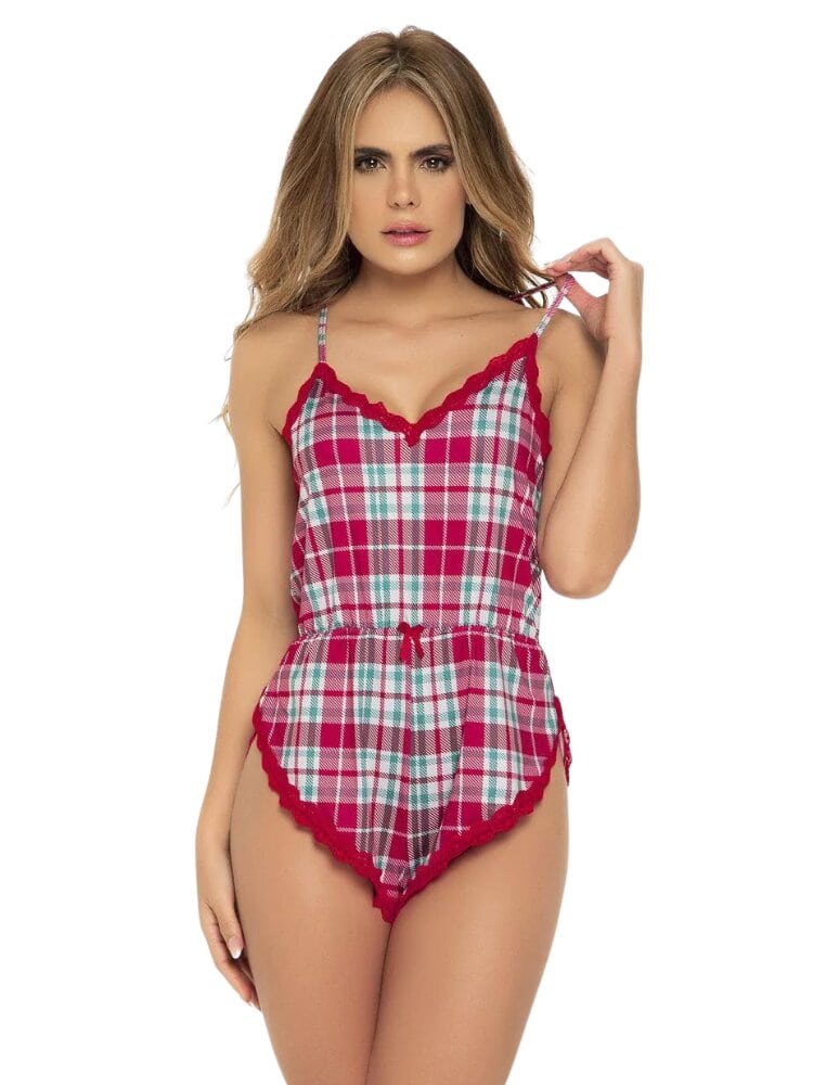 Plaid and red lace holiday pajama romper. - Sensual Sinsations