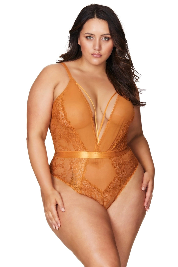 Plus size spiced pumpkin sheer mesh and floral lace plunging  teddy with satin waistband and cage straps Sensual Sinsations 