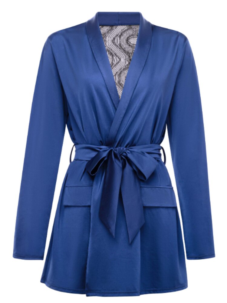 Estate blue microfiber satin and black lace tuxedo robe with faux pocket detail. - Sensual Sinsations