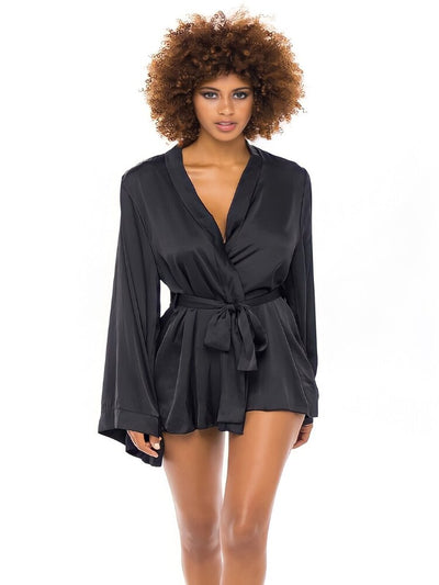 Luxurious and elegant mini length black satin robe with dramatic bell sleeves. - Sensual Sinsations