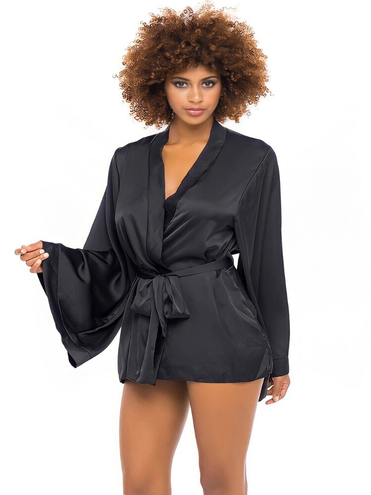 Luxurious and elegant mini length black satin robe with dramatic bell sleeves. - Sensual Sinsations