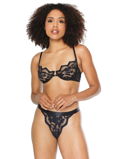 Black lace front closure bra and matching mid waist thong two piece lingerie set. - Sensual Sinsations