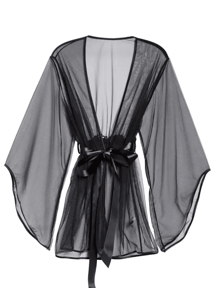 Sheer black long bell sleeved robe with satin sash and floral applique. - Sensual Sinsations