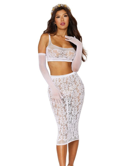 Sheer white lace fishnet pencil skirt and bralette set. - Sensual Sinsations