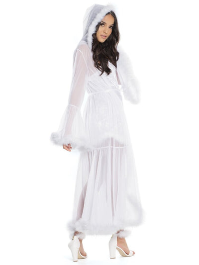 Full length sheer white hooded robe with dramatic bell sleeves and faux fur and silver tinsel trim.  - Sensual Sinsations