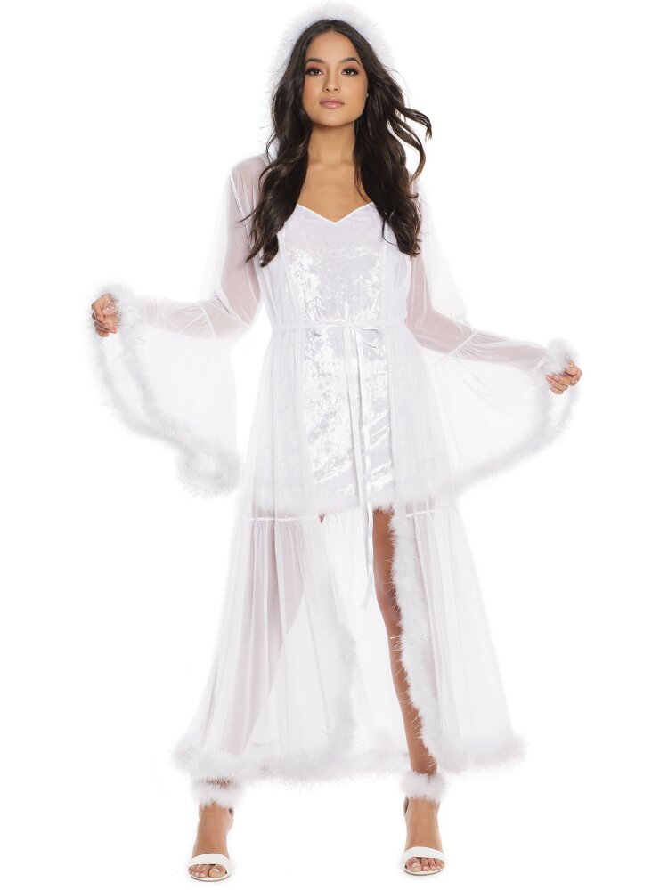 Full length sheer white hooded robe with dramatic bell sleeves and faux fur and silver tinsel trim.  - Sensual Sinsations