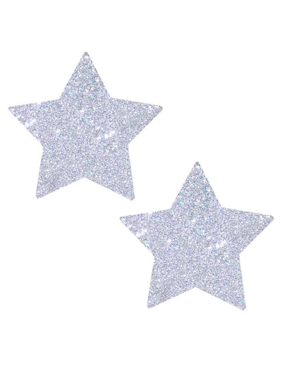 Silver glitter star pasties. Latex Free medical grade adhesive. - Sensual Sinsations