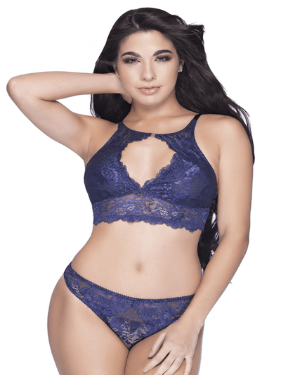 Estate blue floral lace bralette with front keyhole and functional gold clasp and matching thong lace panty. Sensual Sinsations