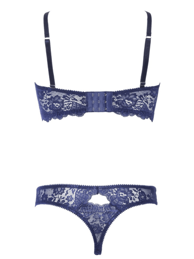 Estate blue floral lace bralette with front keyhole and functional gold clasp and matching thong lace panty. Sensual Sinsations