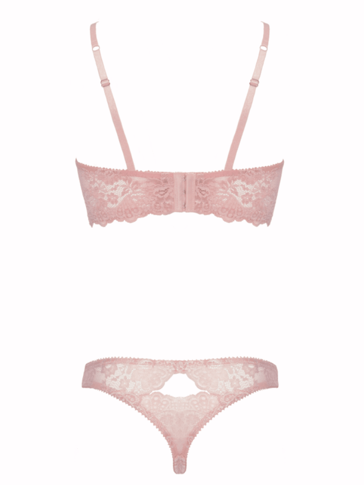 Pink floral lace bralette with front keyhole and functional clasp and matching lace thong panty. Sensual Sinsations