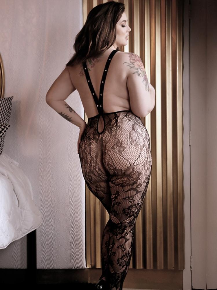 Plus size high waist lace suspender bodystocking with stud detail. - Sensual Sinsations
