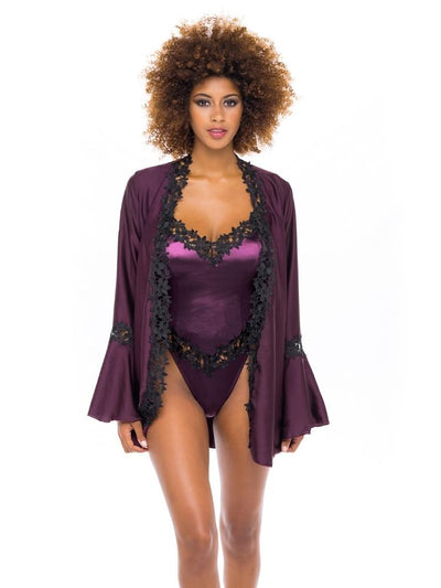 Italian Plum Satin Robe short length will dramatic bell sleeves and black floral embroidered trim- Sensual Sinsations