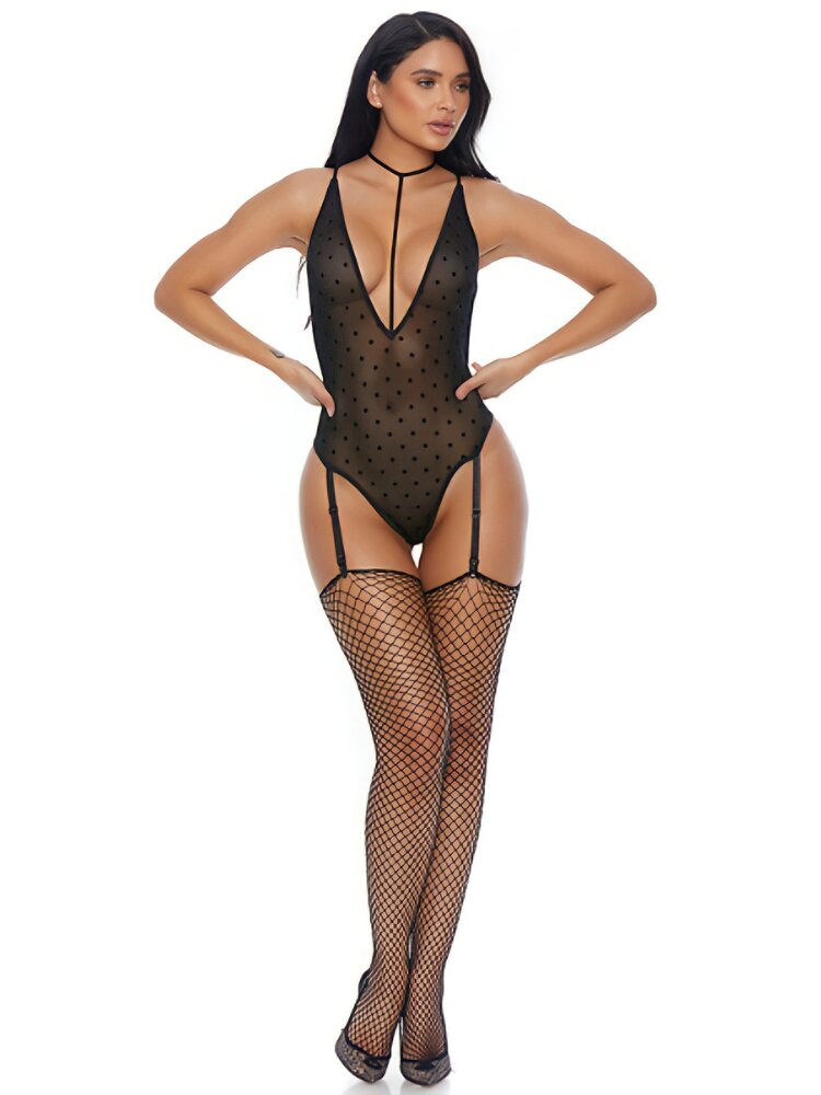 Sheer black dotted mesh teddy with plunging neck line and choker with attached garter straps. - Sensual Sinsations