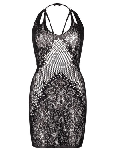 Black fishnet and floral netted calf length stretch dress. - Sensual Sinsations 