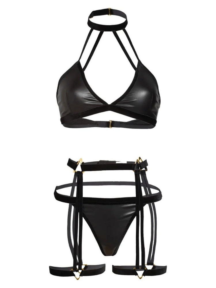 Black vegan leather soft cup choker halter bralette and garter stay garter belt with gold triangle hardeare and matching thong panty 3-piece lingerie set. Sensual Sinsations
