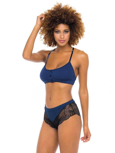 Estate blue ribbed jersey and black floral lace crop top bra with floral lace racer back detail and panty pajama set with black button accent - Sensual Sinsations