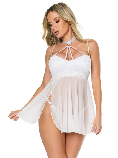 Sheer white mesh and floral lace babydoll with slit skirt and adjustable thong. - Sensual Sinsations