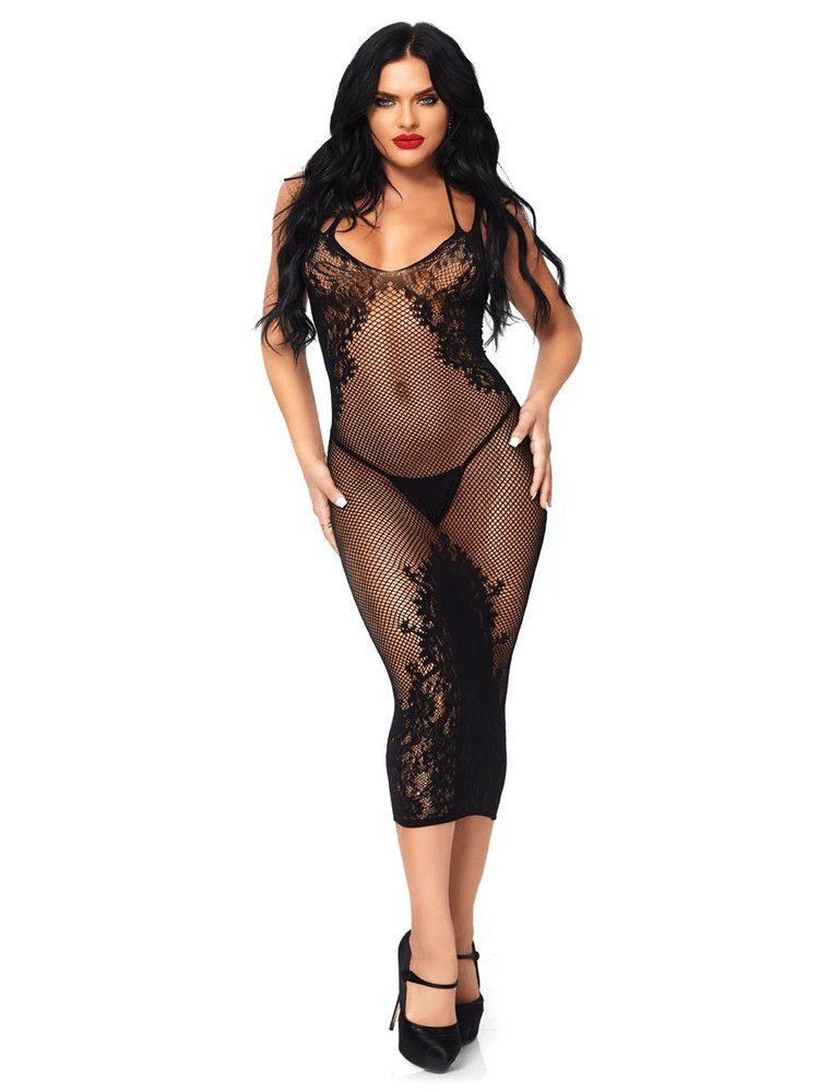 Black fishnet and floral netted calf length stretch dress. - Sensual Sinsations 