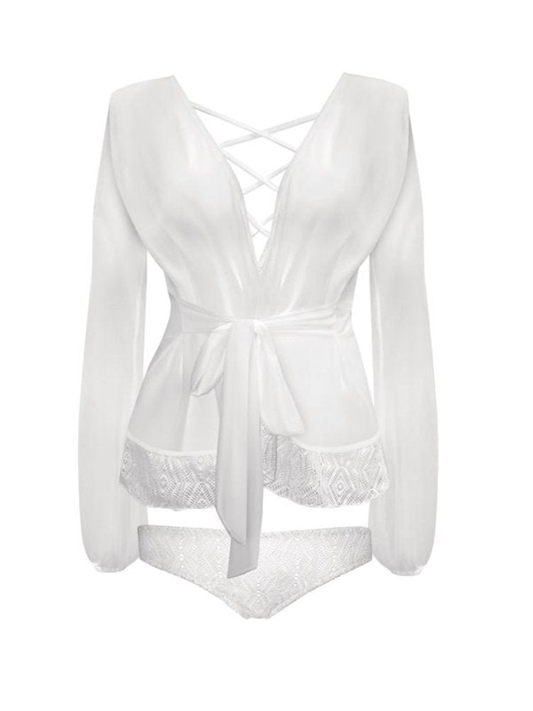 Sheer mesh white long sleeve bed jacket with geometric  patterned lace hem and bishop sleeves. - Sensual Sinsations