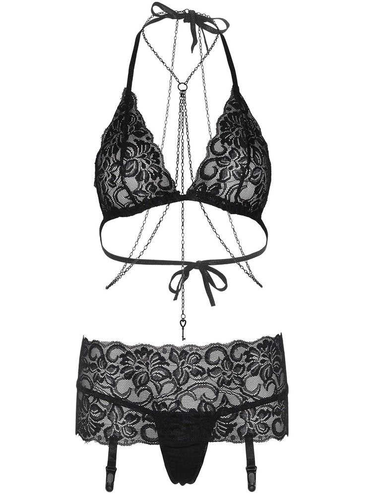 Sheer black floral lace braletter and garter skirt panty set with black body chain