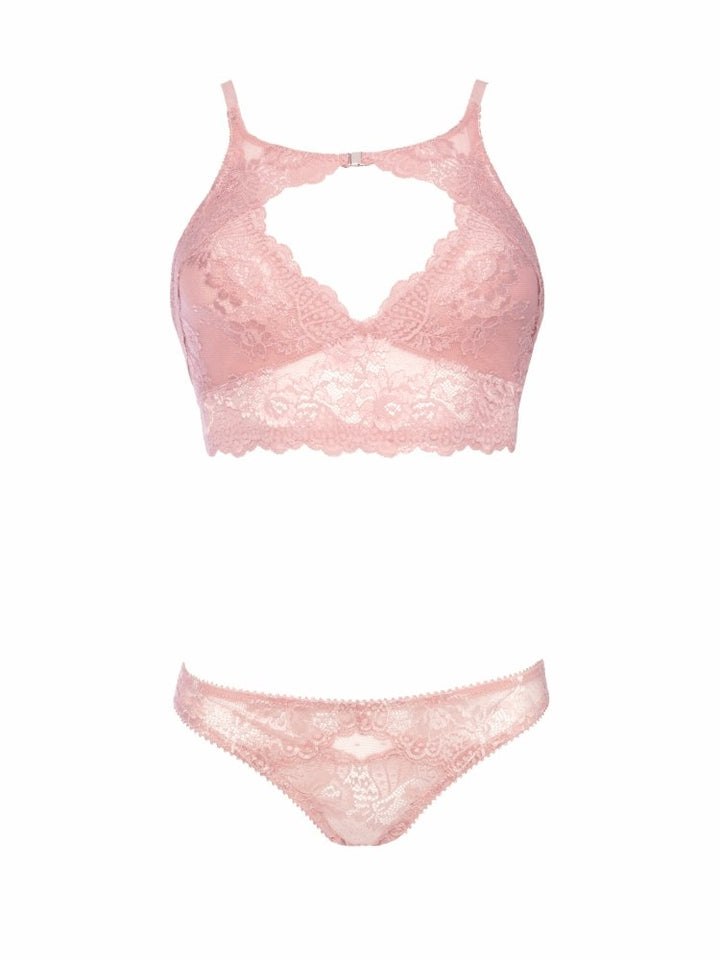 Pink floral lace bralette with front keyhole and functional clasp and matching lace thong panty. Sensual Sinsations