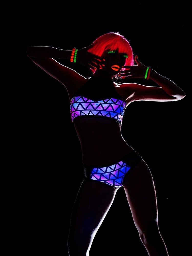 Neon galaxy and black fishnet blacklight  high neck halter bralette and panty two piece lingerie set. - Sensual Sinsations